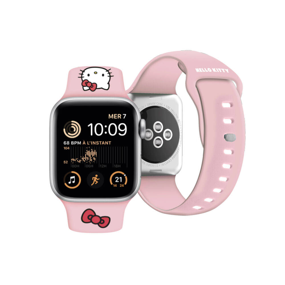 Apple Watch 7 41mm Hello Kitty Orjinal Lisanslı Yazı Logolu Fiyonk & Kitty Head Silikon Kordon