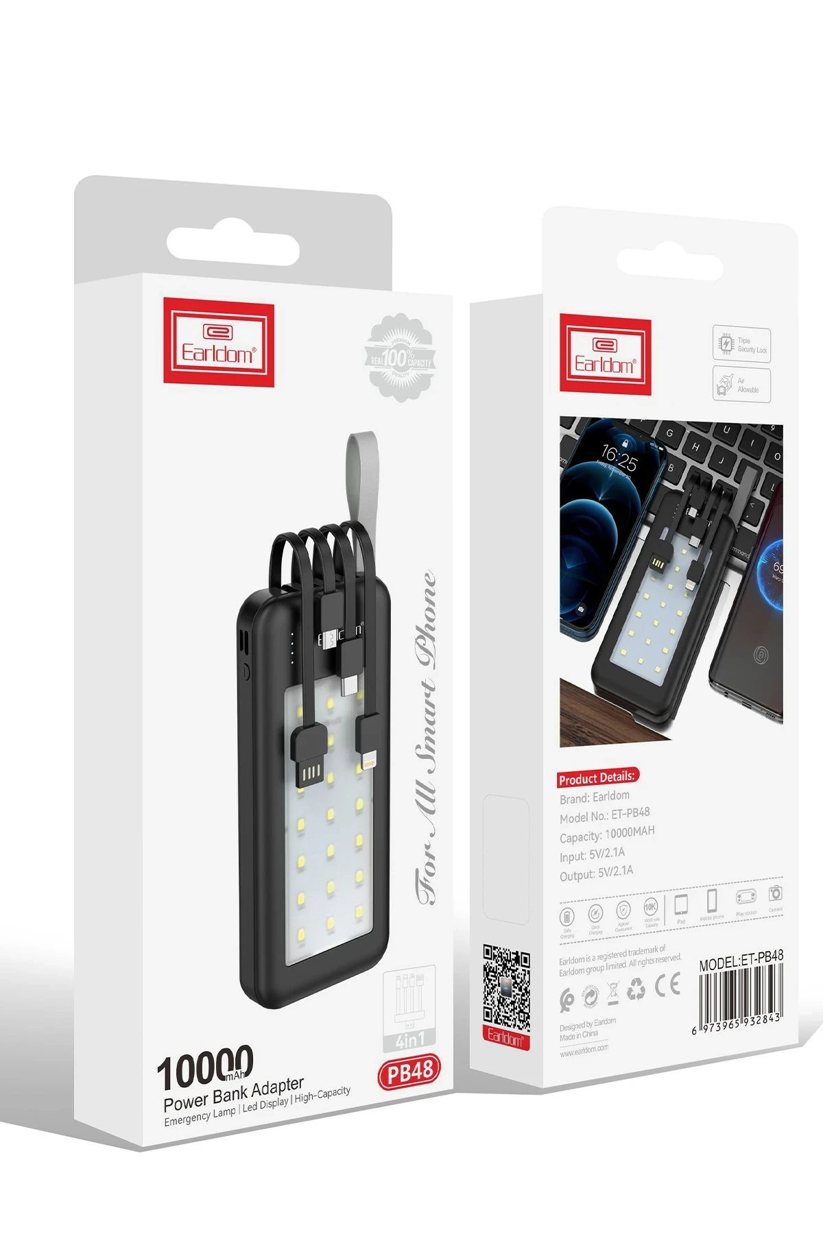 Earldom PB48 10.000 mAh 10W Led Işıklı 3in1 Dahili Kablolu Powerbank