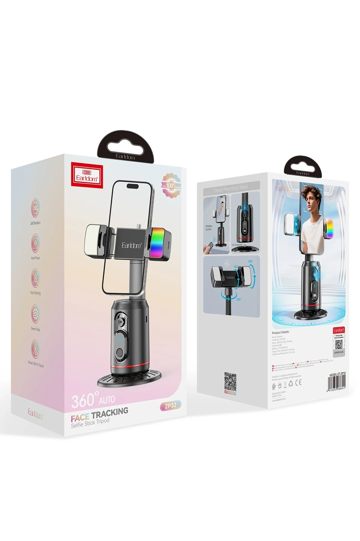Earldom ZP32 360 Derece Ayarlanabilir BT 5.2 RGB Işık ve Beyaz Işık Aydınlatmalı Akıllı Yüz Takip Özellikli Selfie Gimbal