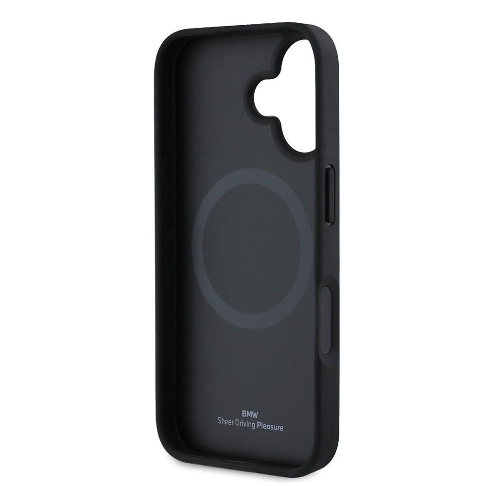 Apple iPhone 16 Kılıf BMW Orjinal Lisanslı M-safe Şarj Özellikli Metal Logolu Dokulu ve Çizgili Deri Kapak