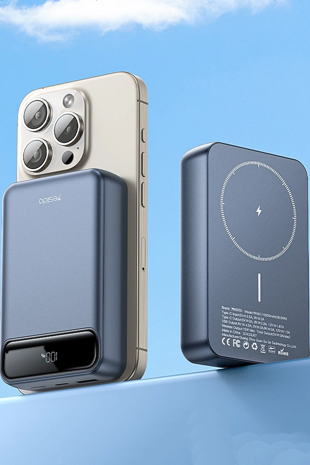 Yesido YP50 20.000 mAh Dijital Göstergeli 22.5W USB 3.0 / 20W Type-C Çıkışlı ve 15W Kablosuz Şarjlı PD Hızlı Şarj Magsafe Powerbank