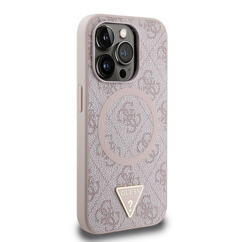 Apple iPhone 15 Pro Max Kılıf Guess Orjinal Lisanslı M-safe Şarj Özellikli PU Üçgen Logo 4G Desenli Kapak