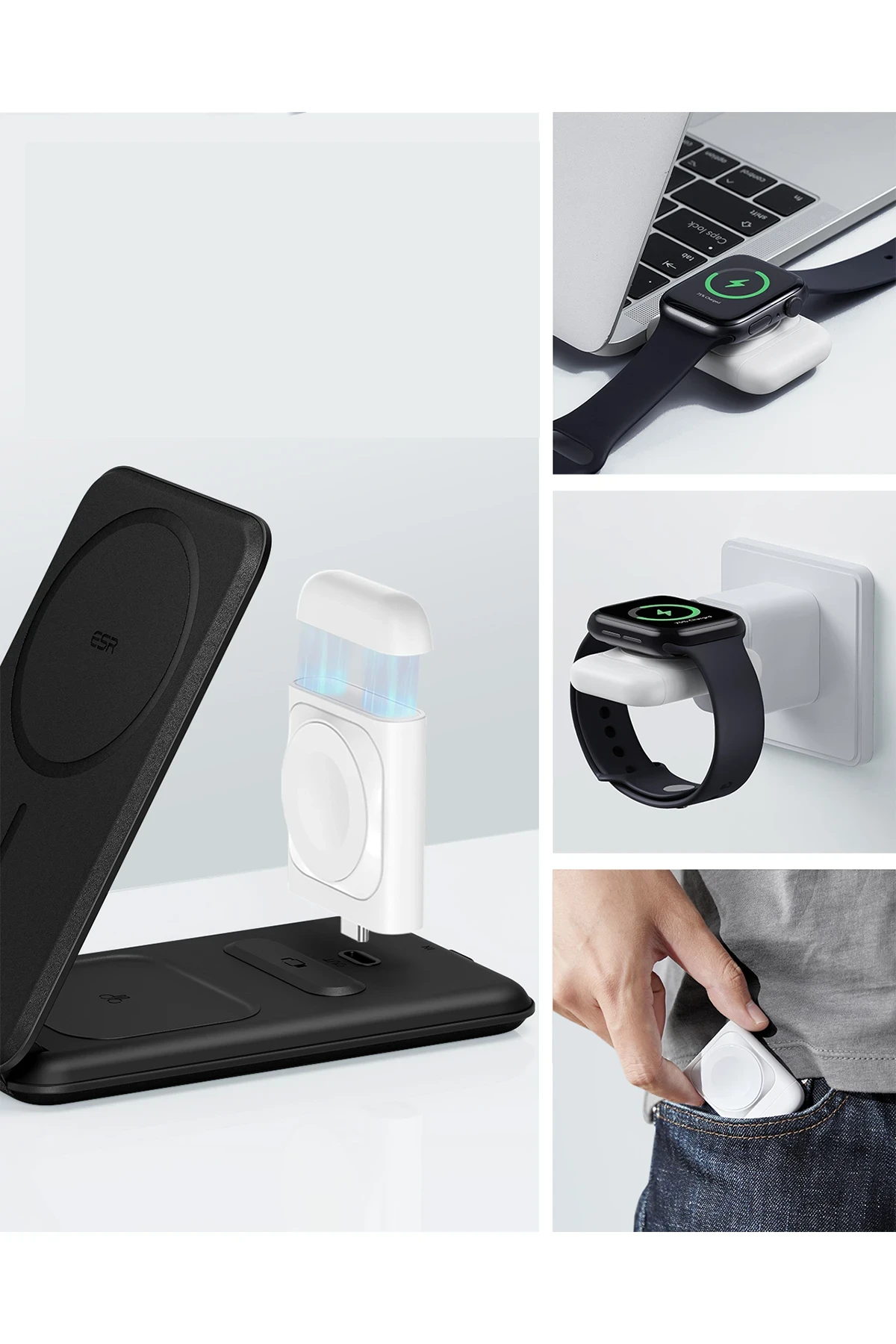 ESR HaloLock 3in1 20W PD Type-C Çıkışlı ve Saat ile Airpods İçin Kablosuz Şarj Destekli Şarj Seti