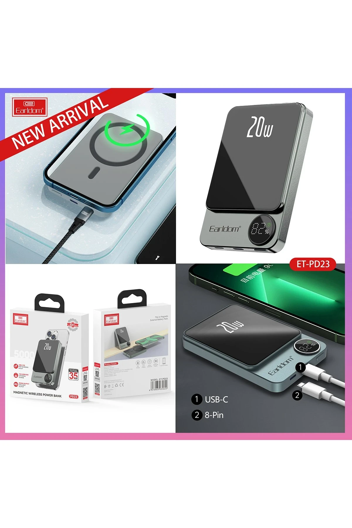 Earldom PD23 5.000 mAh 20W Kablosuz Şarjlı PD Hızlı Şarj Mini Powerbank
