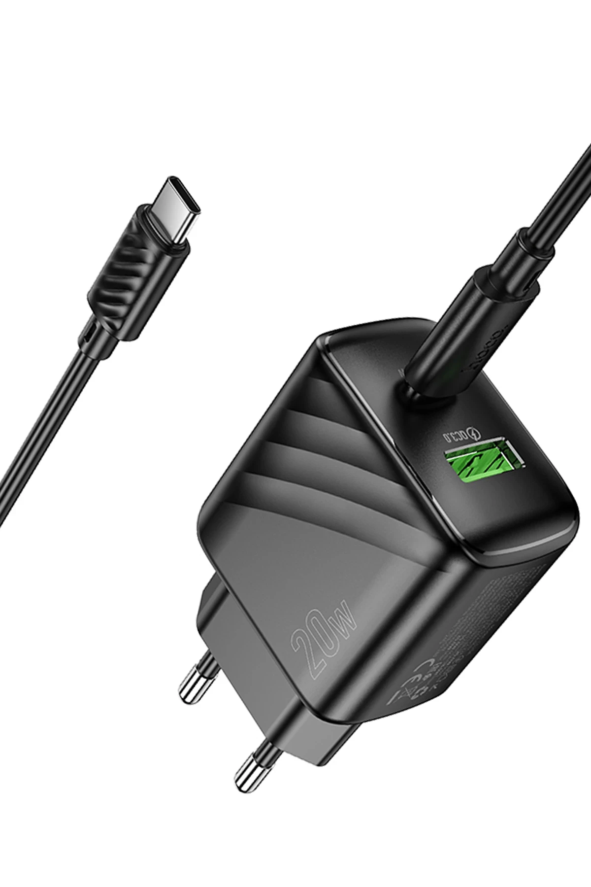 Hoco. CS25A Rico 20W 1 Adet Type-C ve 1 Adet USB 3.0 QC Çıkışlı Ekstra Type-C to Type-C Kablolu PD Hızlı Şarj Aleti