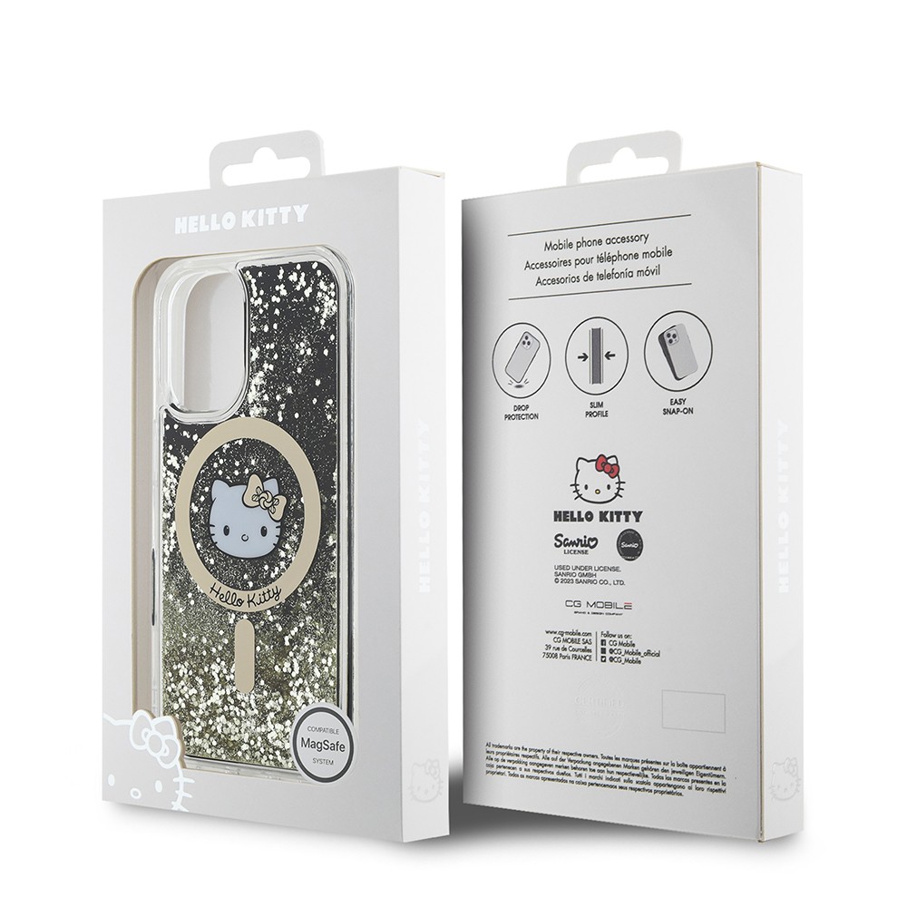 Apple iPhone 16 Kılıf Hello Kitty Orjinal Lisanslı M-safe Şarj Özellikli IML Baskı Kitty Head Logolu Sıvılı Simli Altın Ateşi Kapak