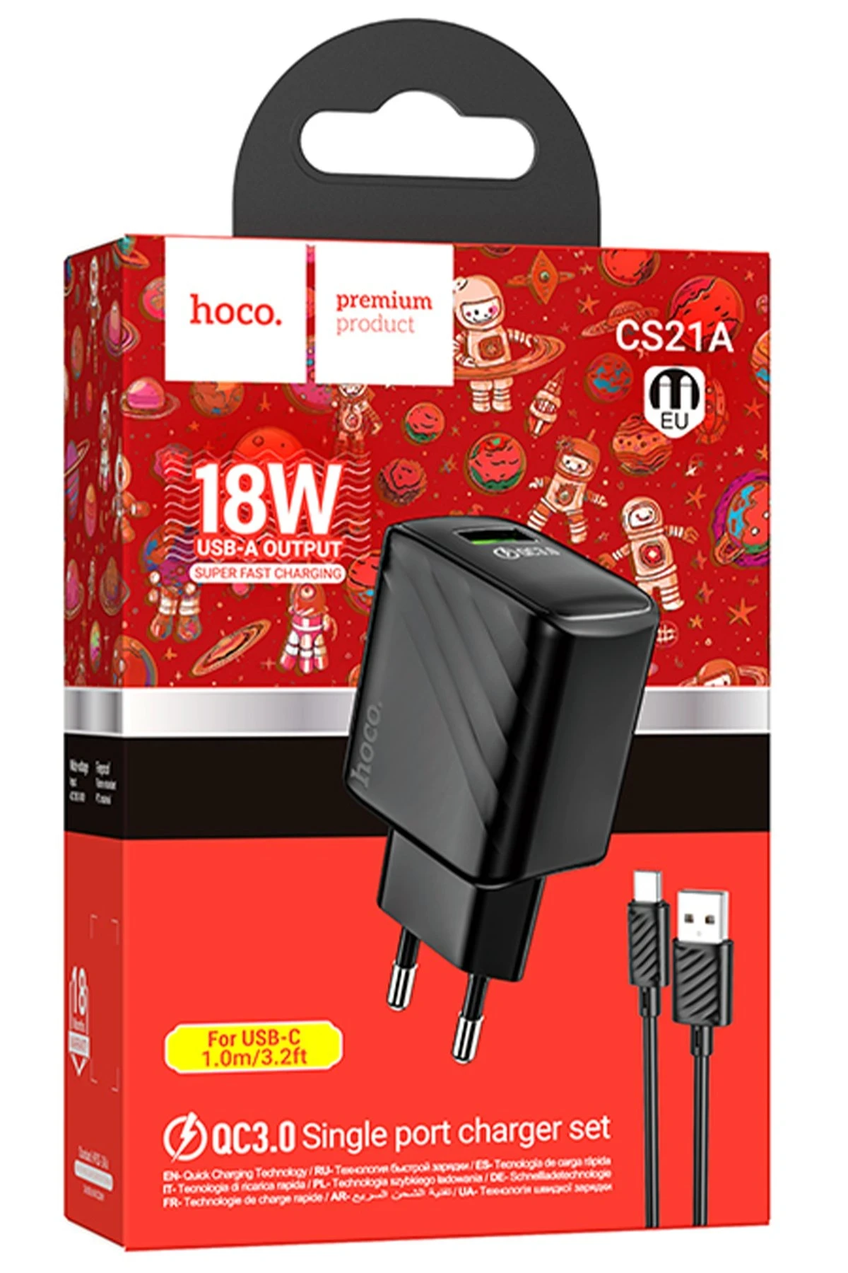 Hoco. CS21A Rich 18W USB 3.0 QC Çıkışlı Ekstra USB to Type-C Kablolu Hızlı Şarj Aleti