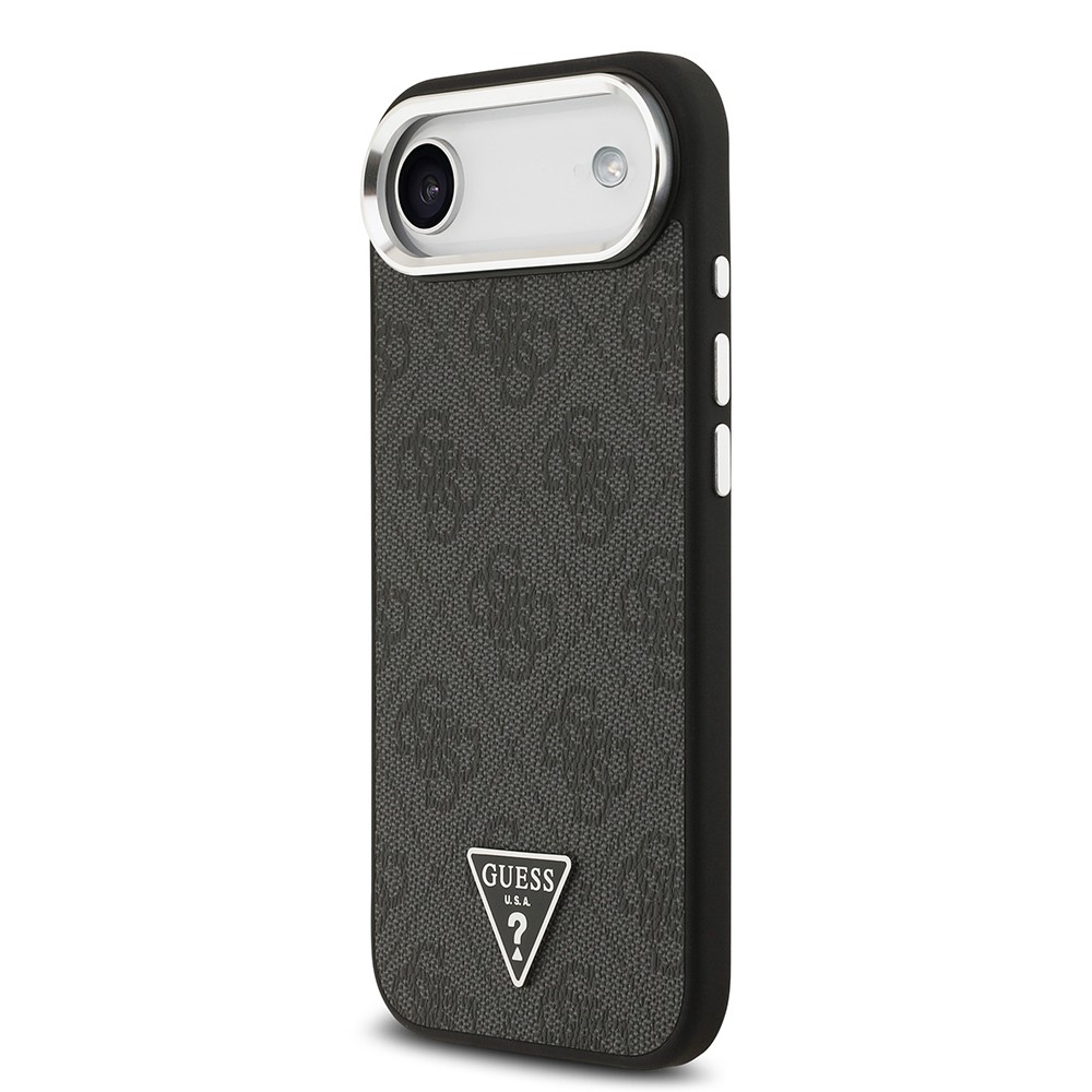 Apple iPhone 17 Air Kılıf Guess Orjinal Lisanslı M-safe Şarj Özellikli Gümüş Metal Kamera Çerçeveli Üçgen Logo 4G Desenli Kapak