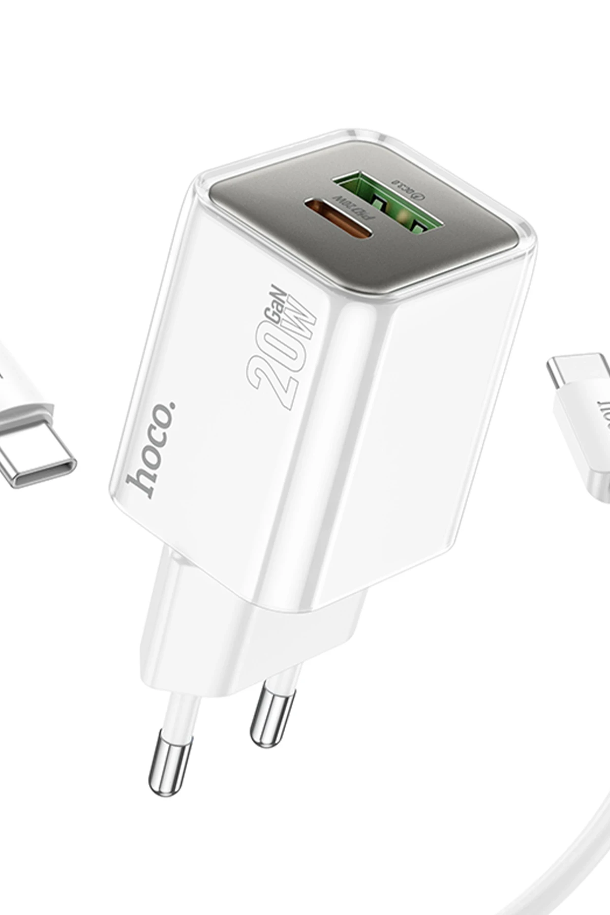 Hoco. N46 Glorious 1 Adet Type-C ve 1 Adet USB Çıkışlı Ekstra Type-C to Type-C Kablolu 20W PD Hızlı Şarj Aleti