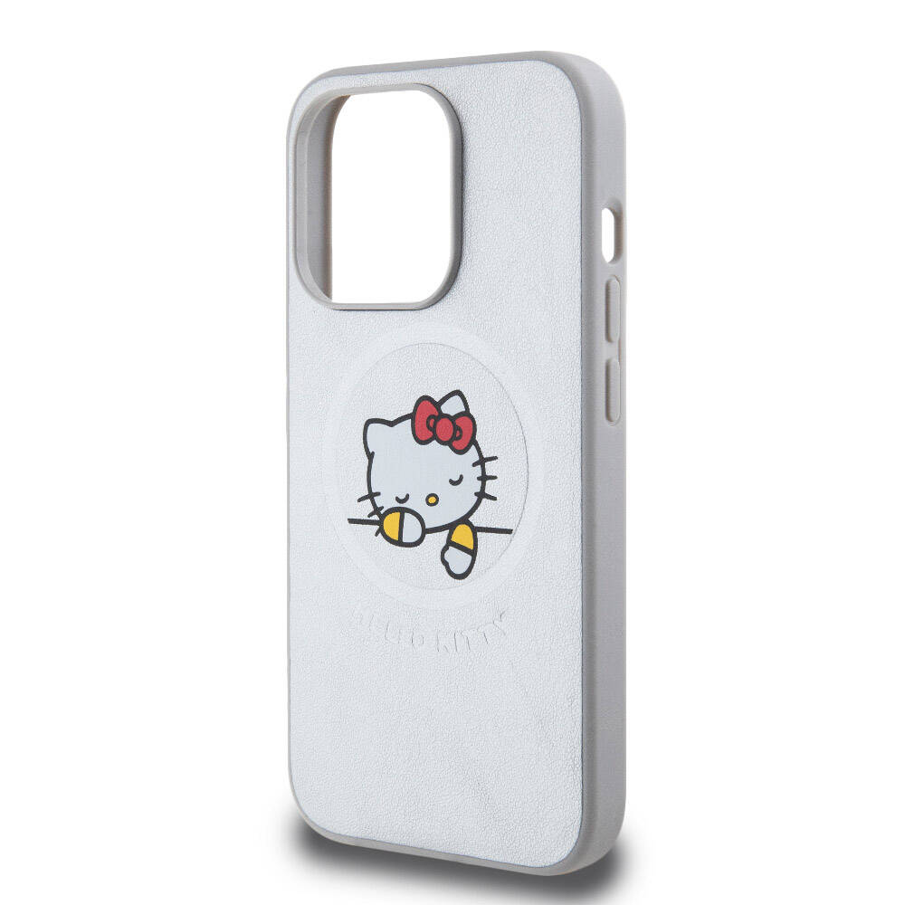 Apple iPhone 15 Pro Max Kılıf Hello Kitty Orjinal Lisanslı M-safe Şarj Özellikli Baskı Logolu Uyuyan Kitty Deri Kapak
