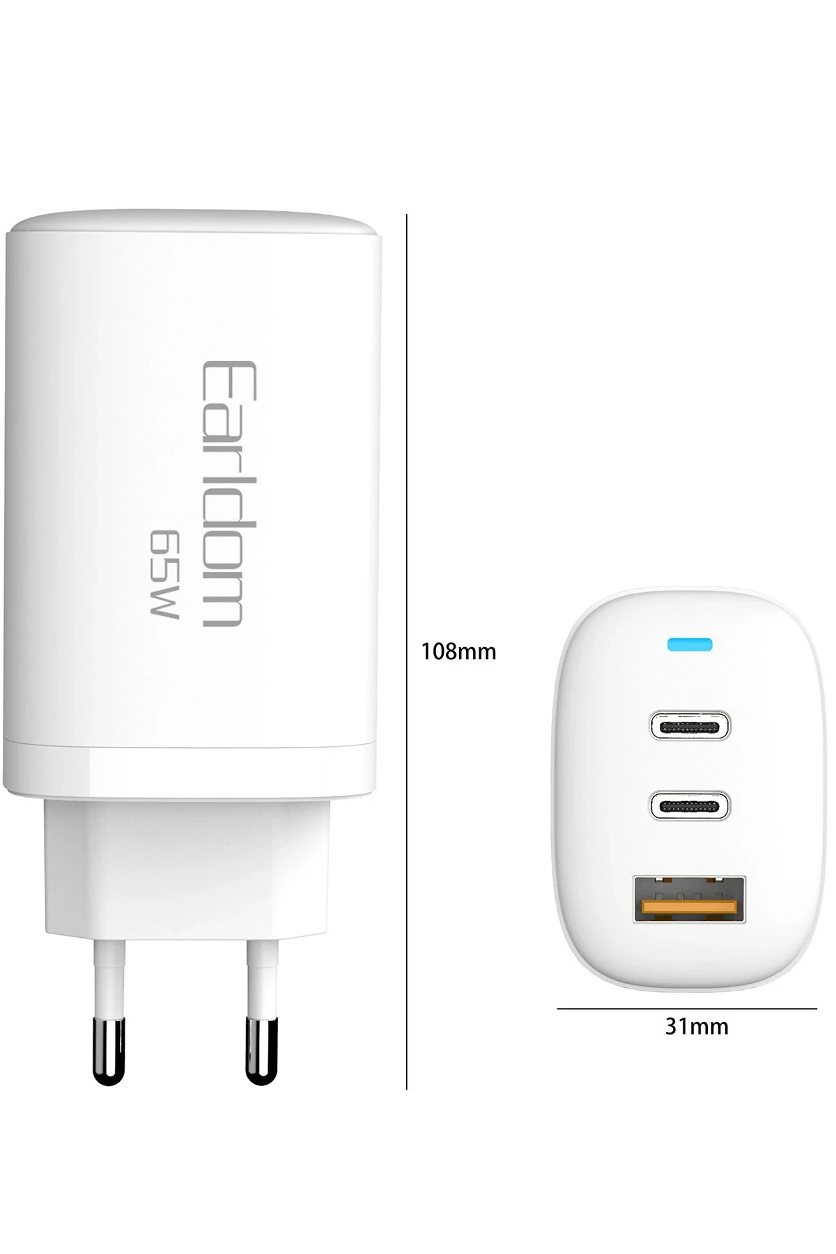 Earldom EU26C 2 Adet 65W Type-C ve 1 Adet 30W USB 3.0 Çıkışlı Ekstra Type-C to Type-C Kablolu GAN Şarj Cihazı