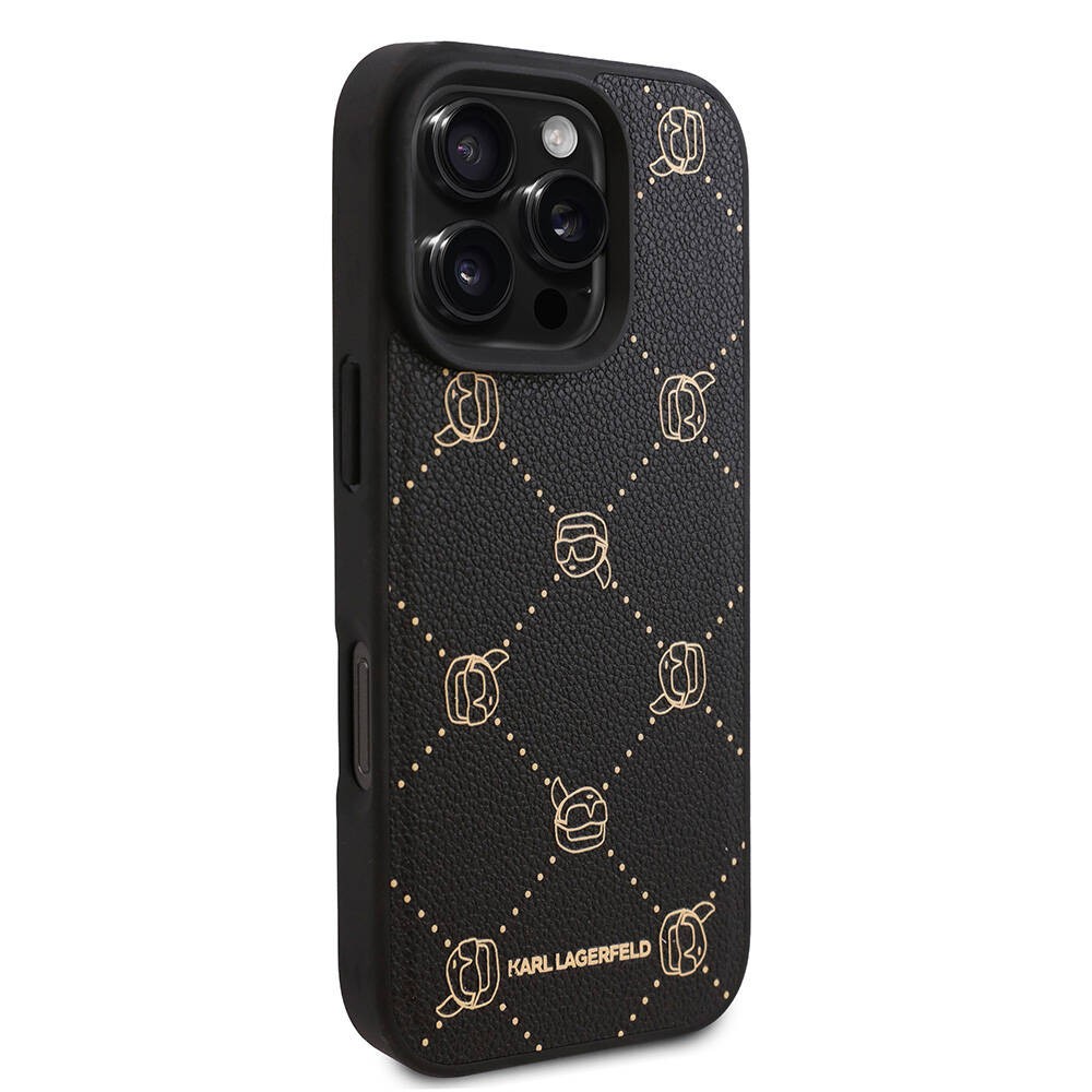 Apple iPhone 16 Pro Max Kılıf Karl Lagerfeld Orjinal Lisanslı M-safe Şarj Özellikli PU Deri Karl Heads Desenli Klasik Logolu Kapak