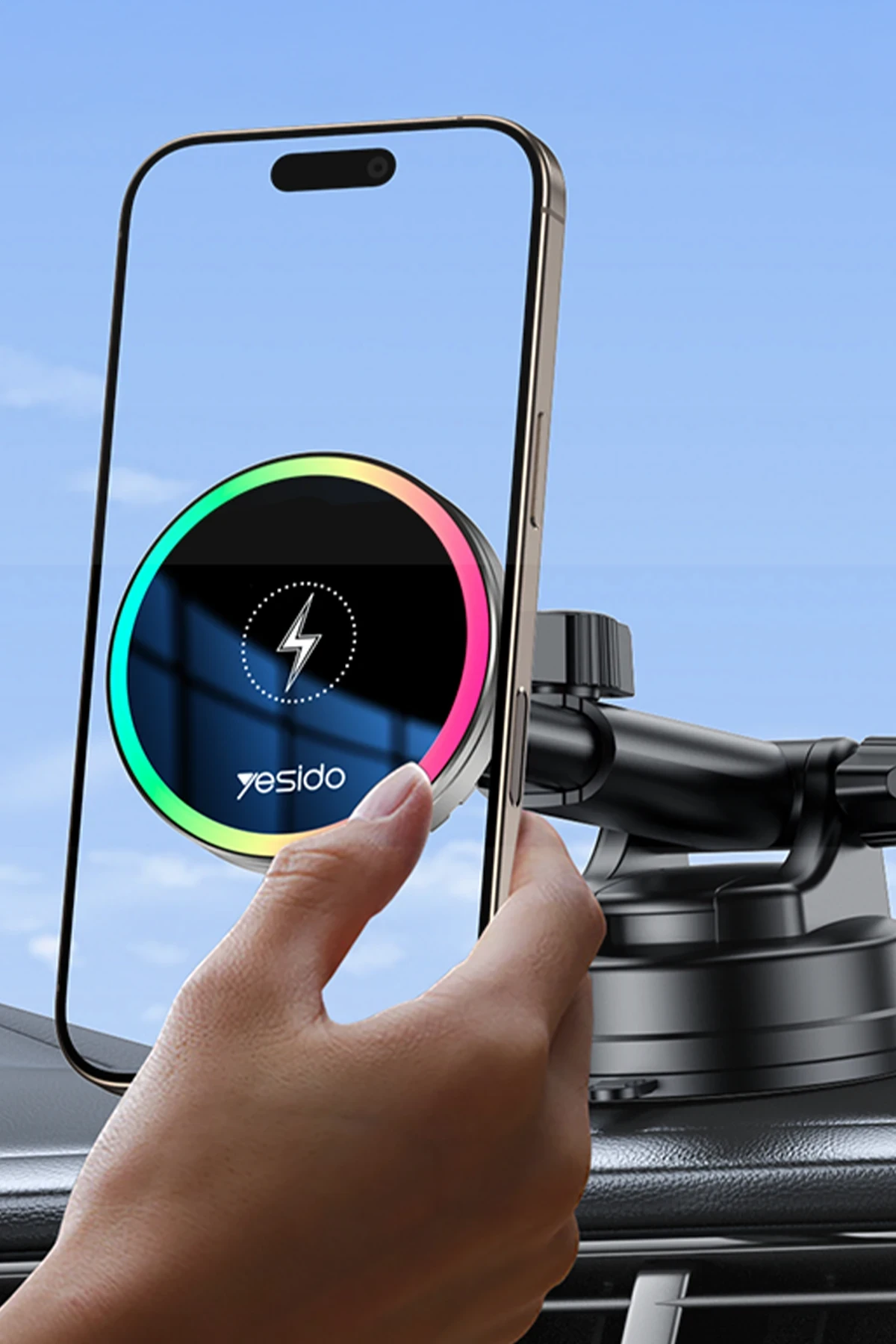 Yesido C315 2in1 Izgara Klipsli ve Vantuzlu 360 Derece Ayarlanabilir RGB Işıklı Cam Yüzeyli Fan Soğutuculu 15W Kablosuz Şarjlı Araç Tutucu