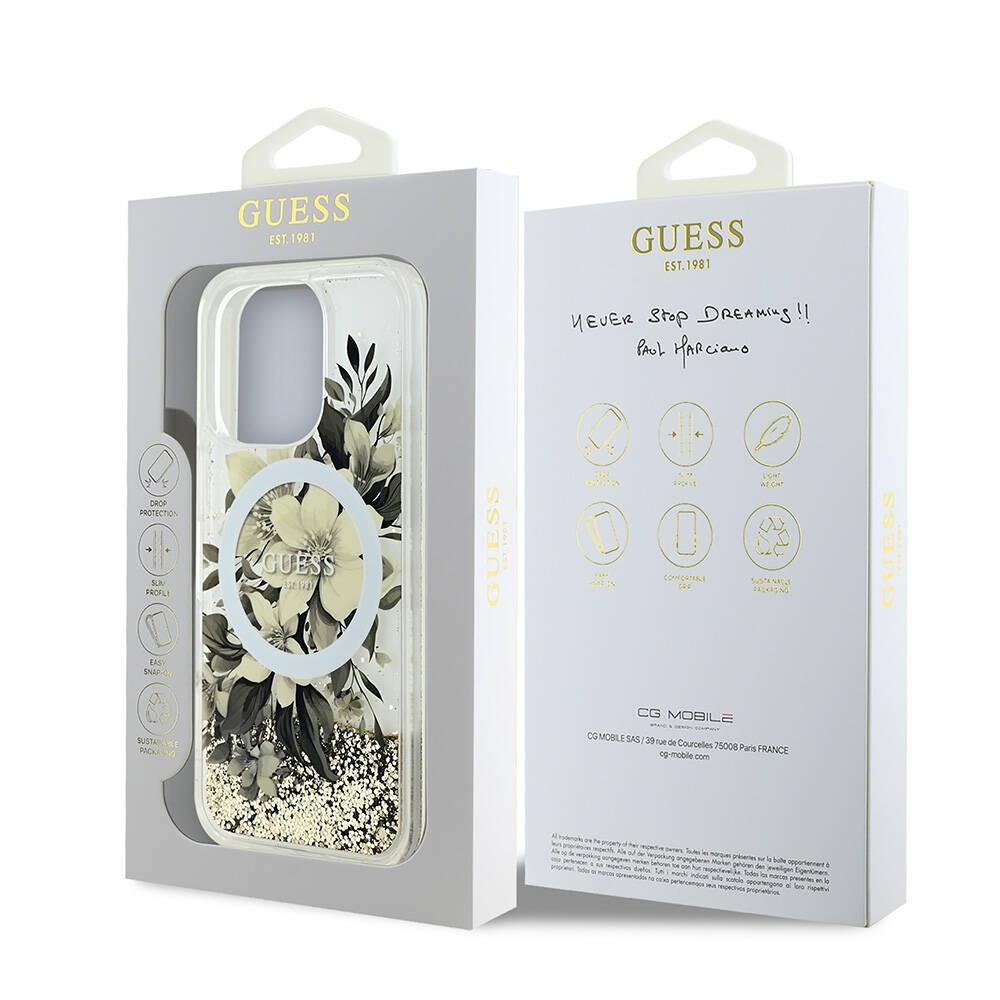 Apple iPhone 16 Pro Kılıf Guess Orjinal Lisanslı M-safe Şarj Özellikli Sıvılı Simli Çiçek Desenli Kapak