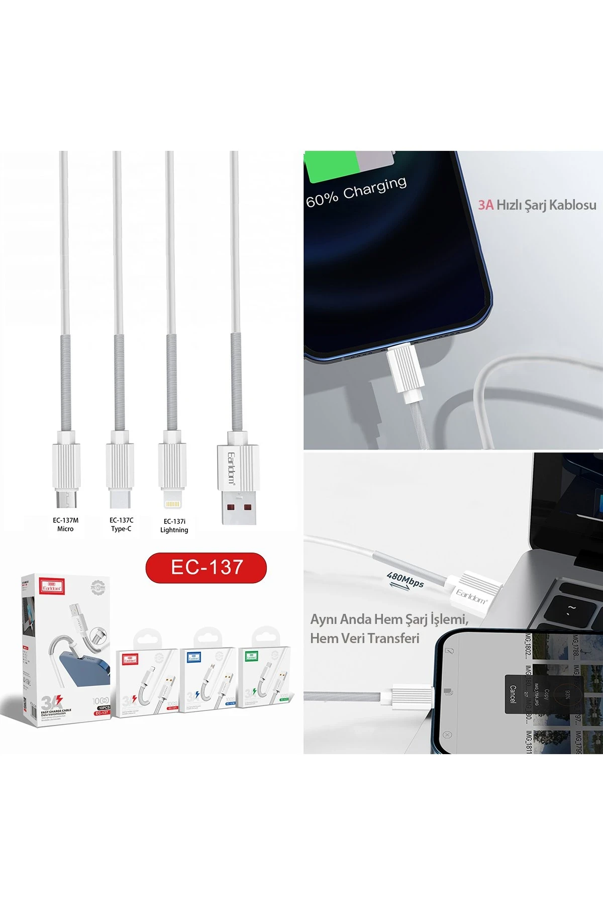Earldom EC-137L 1M 3A Kırılmaya Dayanıklı Lightning Hızlı Şarj Kablosu