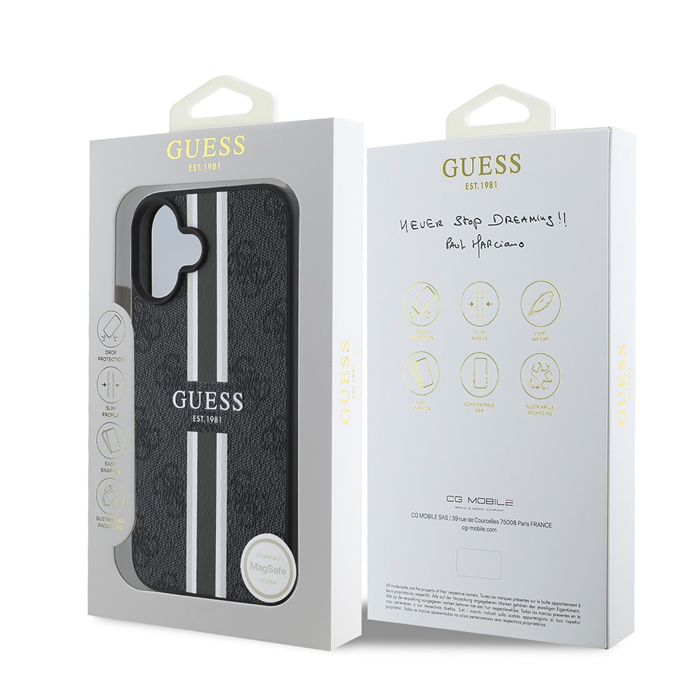 Apple iPhone 16 Kılıf Guess Orjinal Lisanslı M-safe Şarj Özellikli 4G Şerit Tasarımlı Printed Kapak