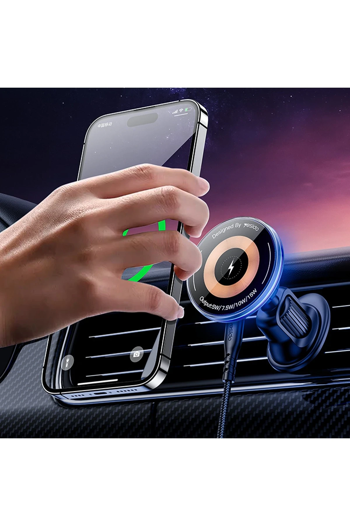 Yesido C308 Izgara Klipsli Cam Yüzeyli 15W Kablosuz Şarjlı Magsafe Araç Tutucu