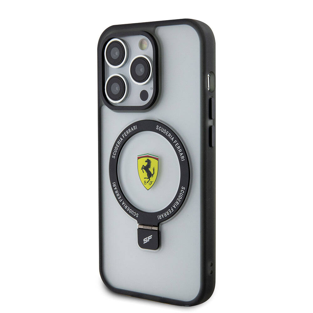Apple iPhone 15 Pro Kılıf Ferrari M-safe Şarj Özellikli Standlı Buzlu Yüzey Dizayn Kapak