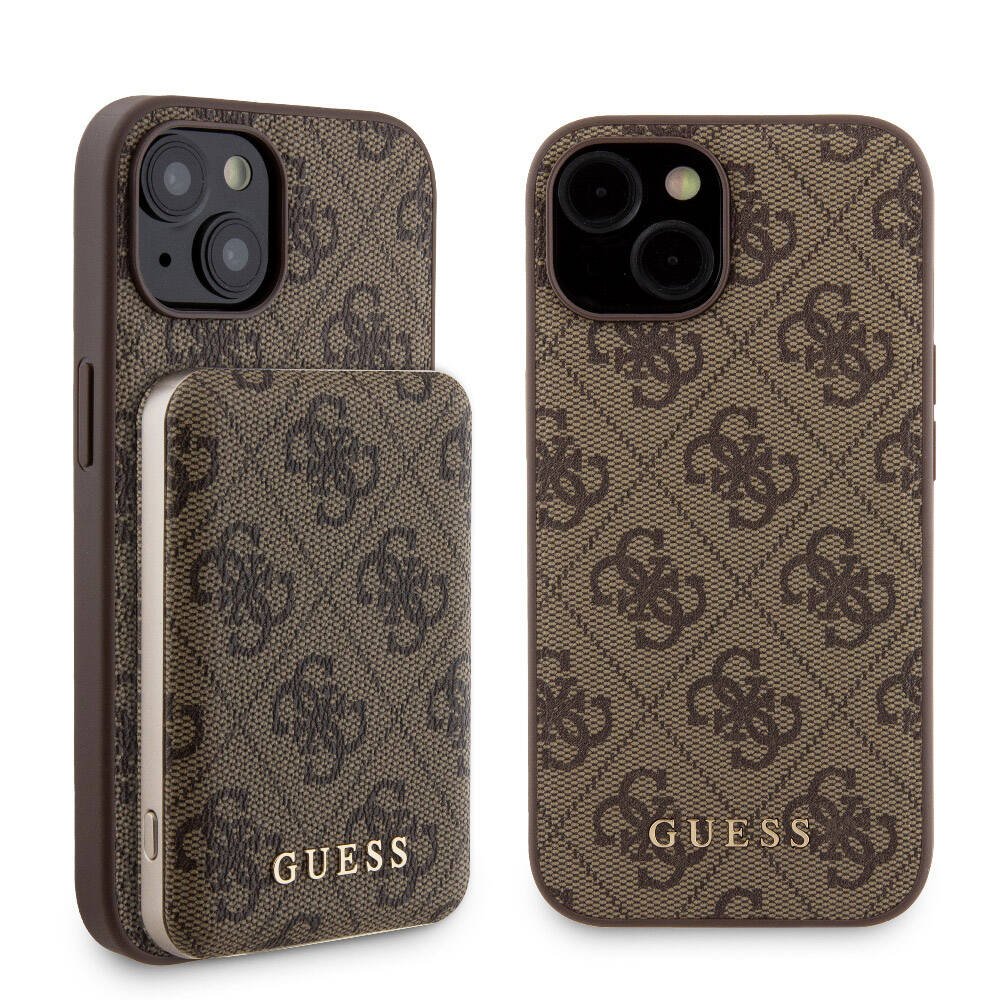 Apple iPhone 14 Kılıf Guess Orjinal Lisanslı M-safe Şarj Özellikli Yazı Logolu 4G Desenli Kapak + Powerbank 5000mAh 2in1 Set