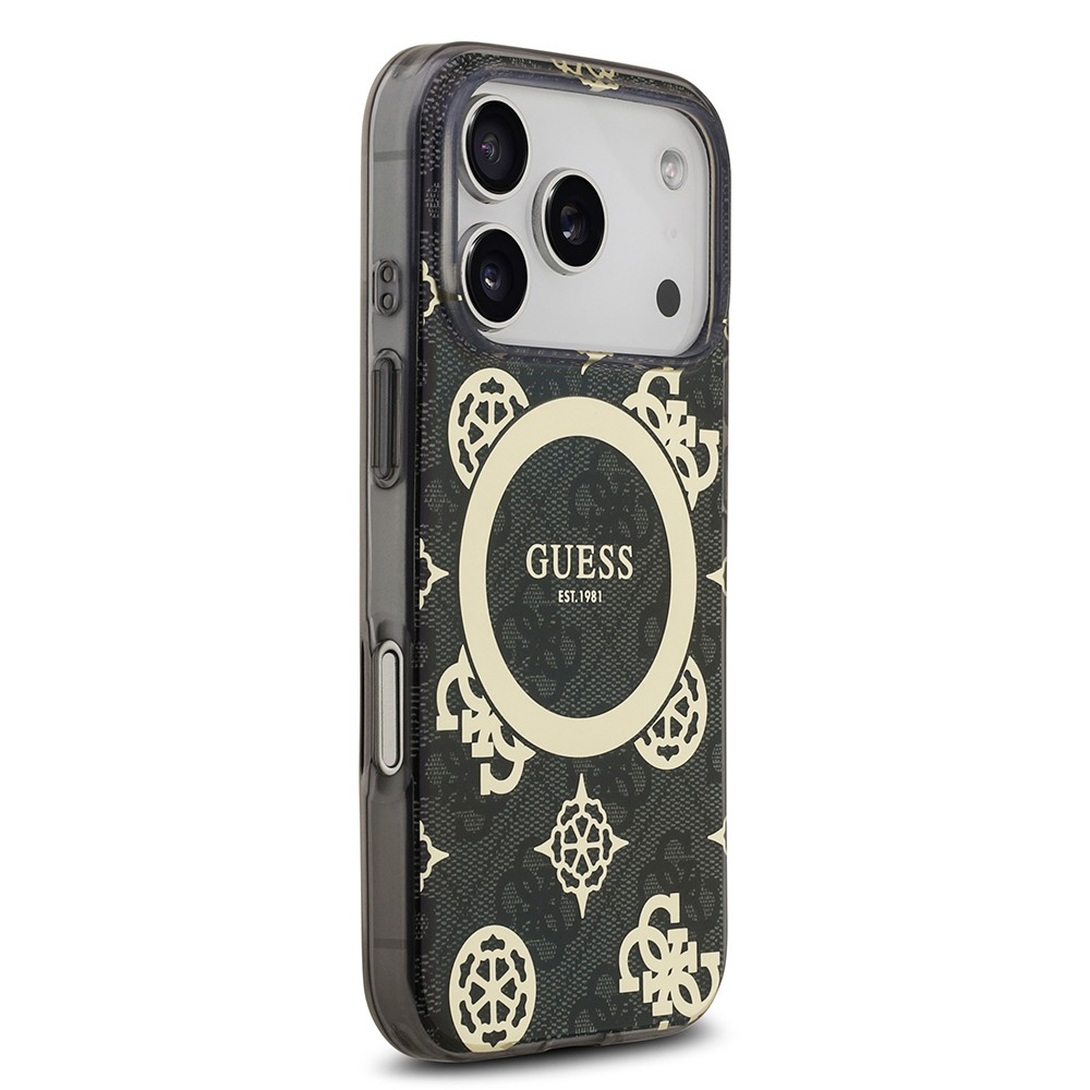 Apple iPhone 17 Pro Kılıf Guess Orjinal Lisanslı M-safe Şarj Özellikli IML Peony ve 4G Desenli Klasik Logolu Kapak