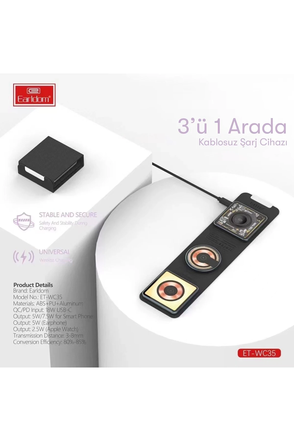 Earldom WC35 3in1 15W Magsafe Katlanabilir Masaüstü Kablosuz Şarj Standı
