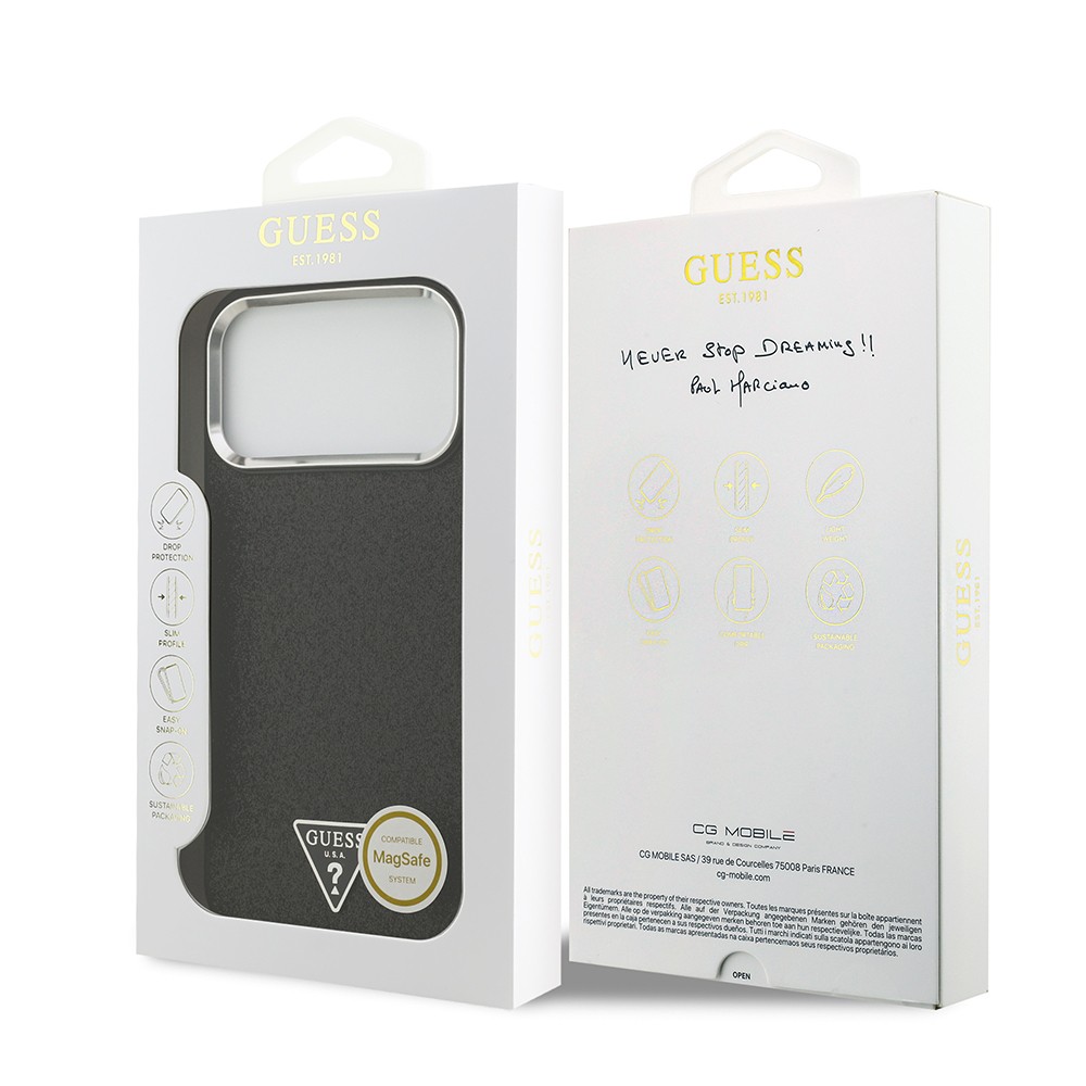 Apple iPhone 17 Pro Max Kılıf Guess Orjinal Lisanslı M-safe Şarj Özellikli Metal Kamera Çerçeveli Üçgen Logolu Glitter Kapak