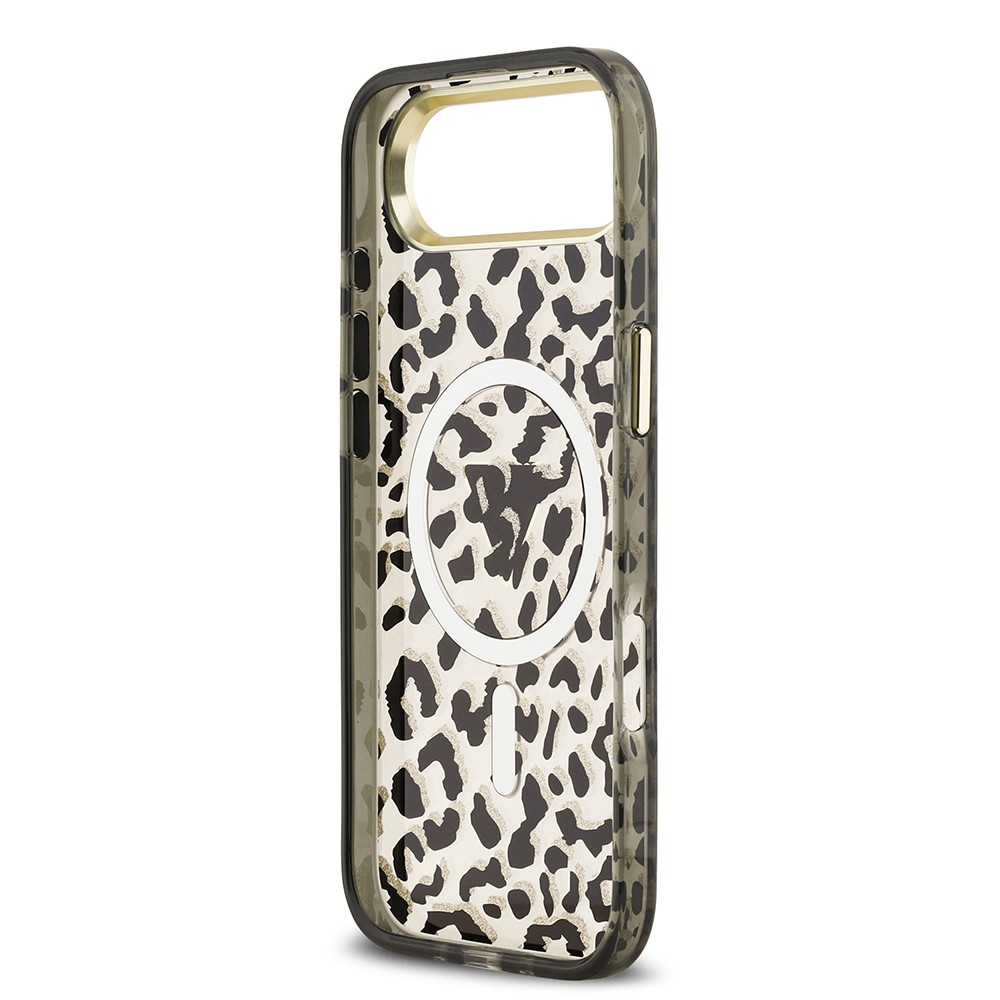 Apple iPhone 17 Air Kılıf Guess Orjinal Lisanslı M-safe Şarj Özellikli Üçgen Logolu Simli Leopar Desenli Kapak