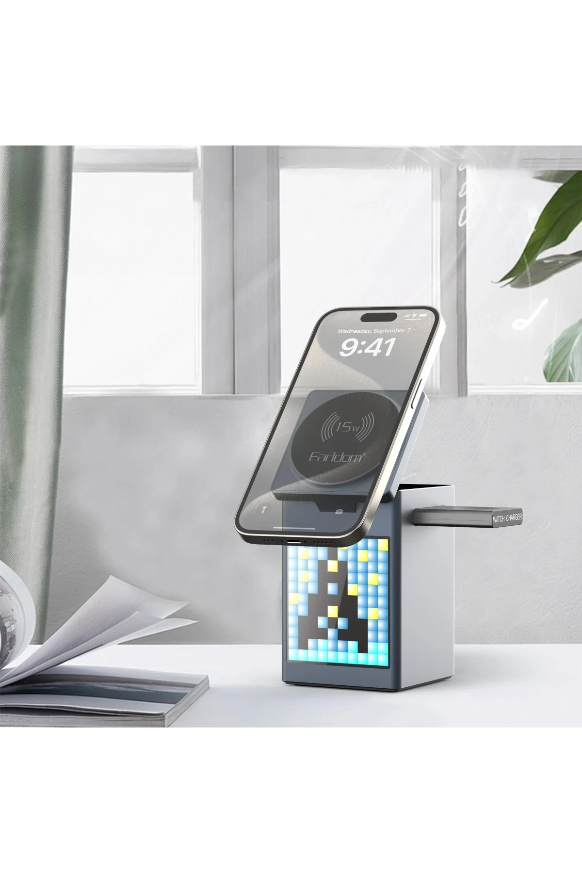 Earldom WC64 5in1 Dijital Saat Göstergeli 15W Telefon 2.5W Saat ve 5W Airpods İçin Kablosuz Şarj Standı