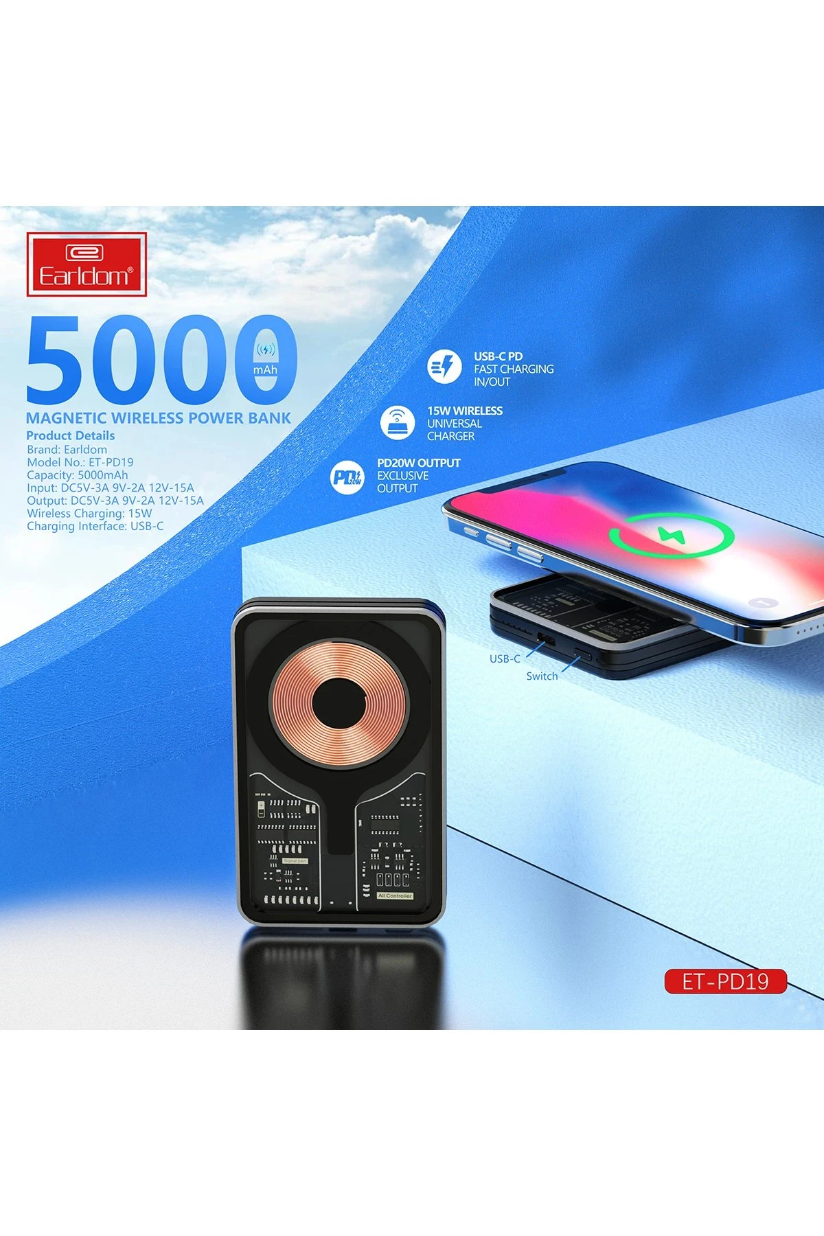 Earldom PD19 5.000 mAh Kablosuz Şarjlı Standlı PD Hızlı Şarj Powerbank