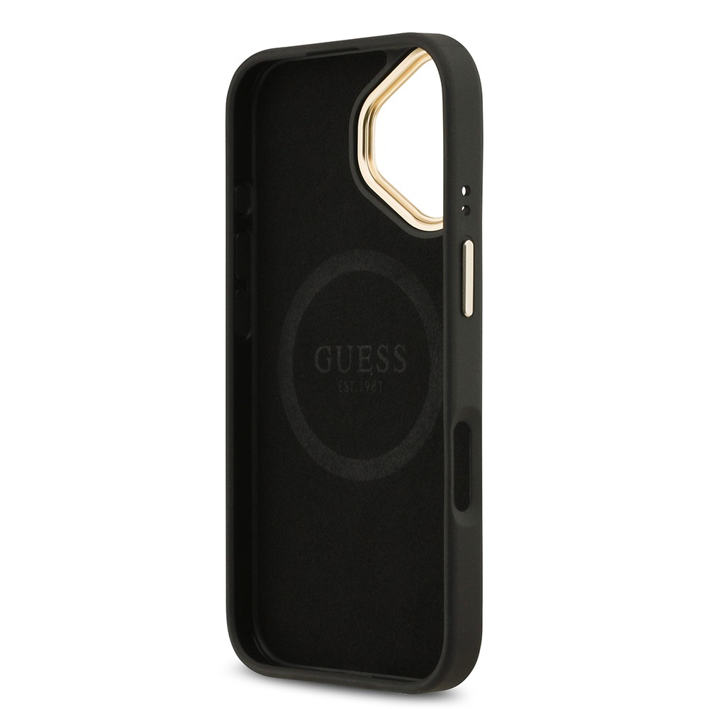 Apple iPhone 17 Kılıf Guess Orjinal Lisanslı M-safe Şarj Özellikli 4G Desenli PU Metal Plaka Klasik Logolu Kapak