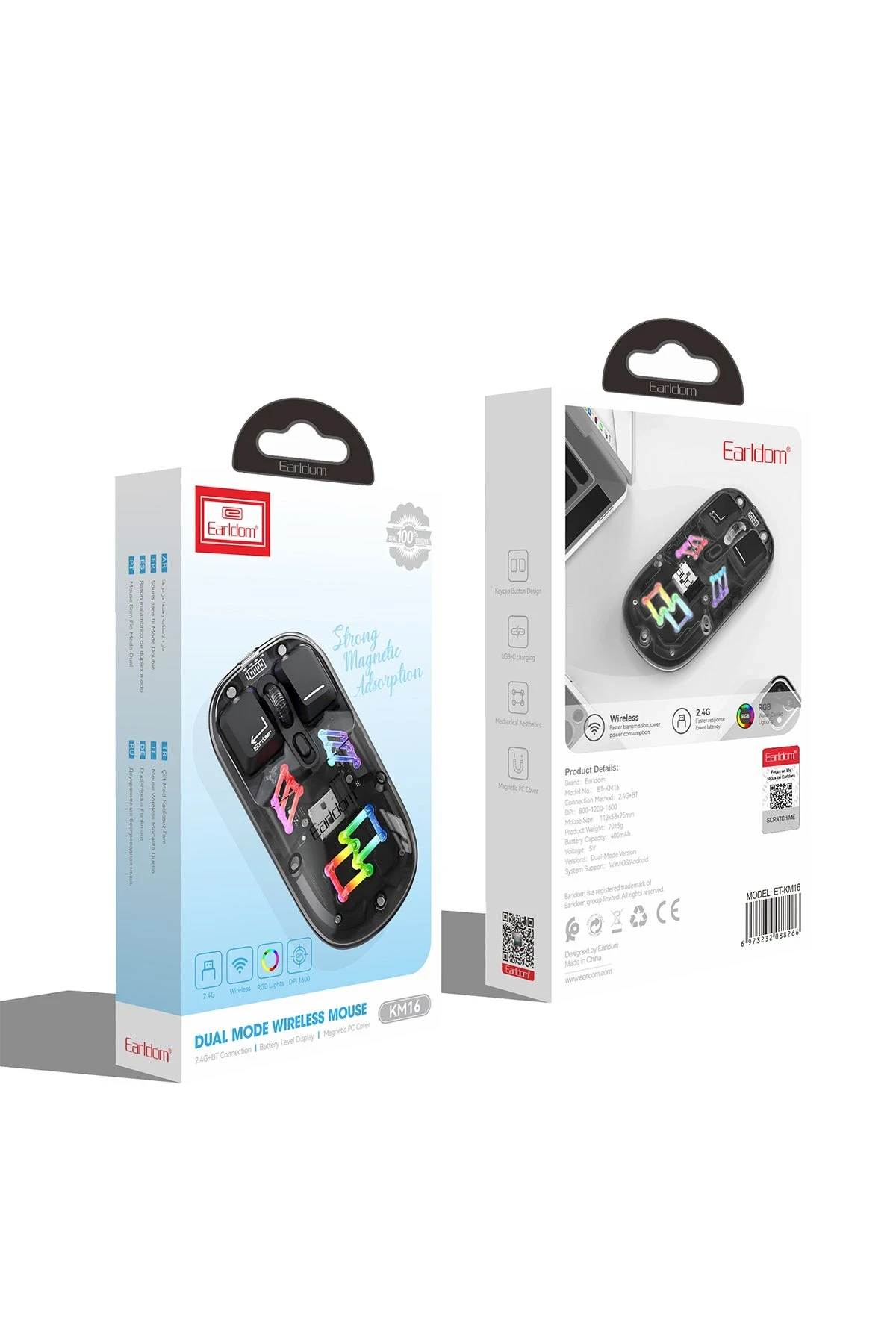 Earldom KM16 1600 DPI Sessiz Transparan Yapılı RGB Kablosuz Ofis Mouse