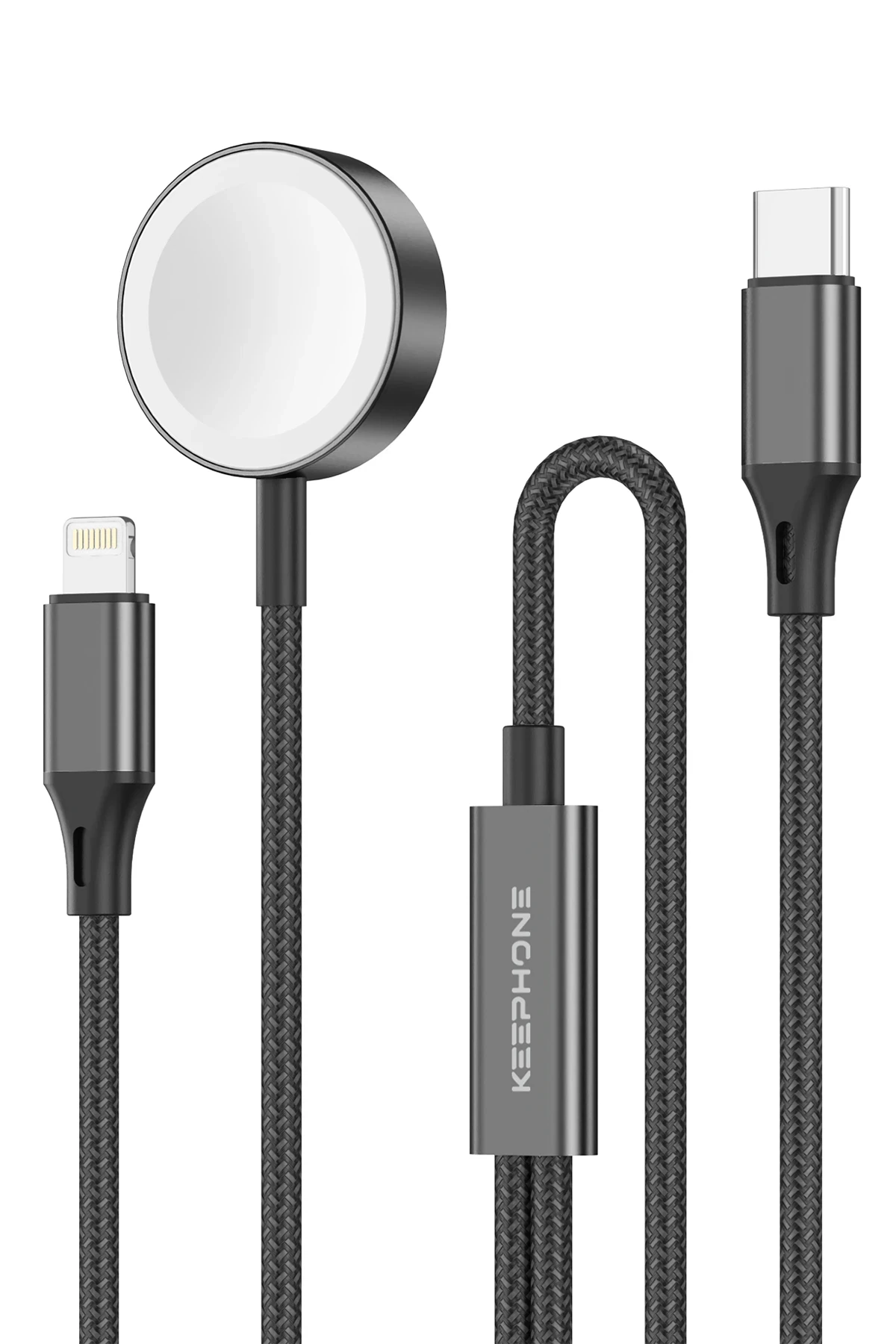 Keephone IC-014 Type-C to Lightning ve Kablosuz Saat Şarj Çıkışlı 2in1 Örgü Hızlı Şarj Kablosu