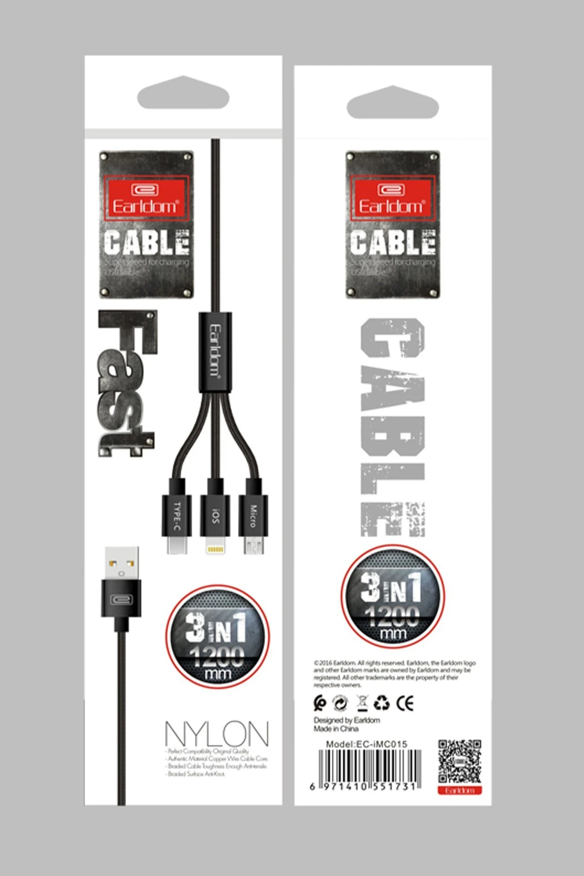 Earldom EC-IMC015 1.2M 3in1 USB to Type-C / Lightning / Micro Hızlı Şarj Kablosu