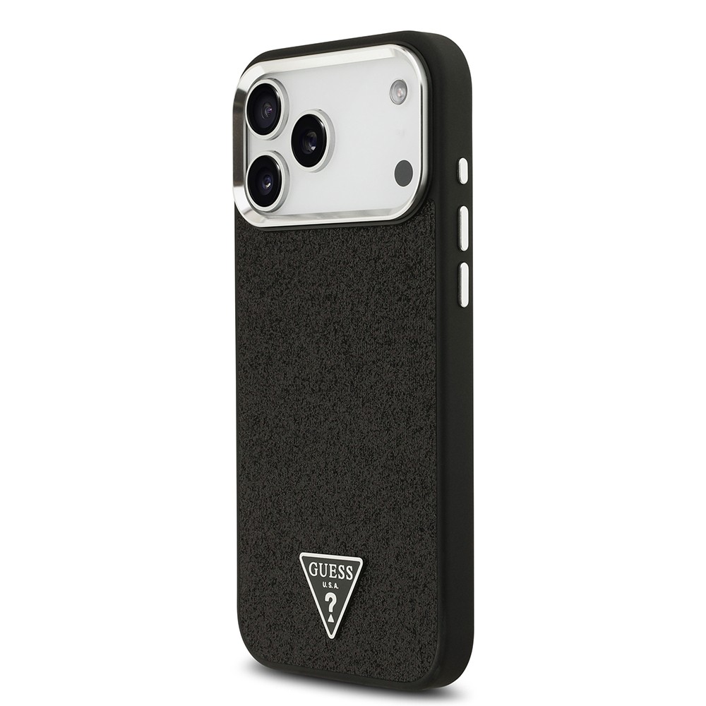 Apple iPhone 17 Pro Max Kılıf Guess Orjinal Lisanslı M-safe Şarj Özellikli Metal Kamera Çerçeveli Üçgen Logolu Glitter Kapak