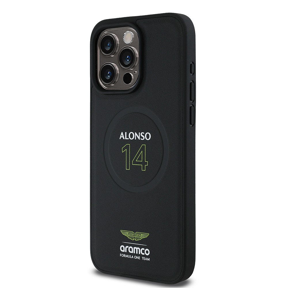 Apple iPhone 15 Pro Max Kılıf Aston Martin Orjinal Lisanslı M-safe Şarj Özellikli PU Deri Alonso 14 Baskılı Kapak