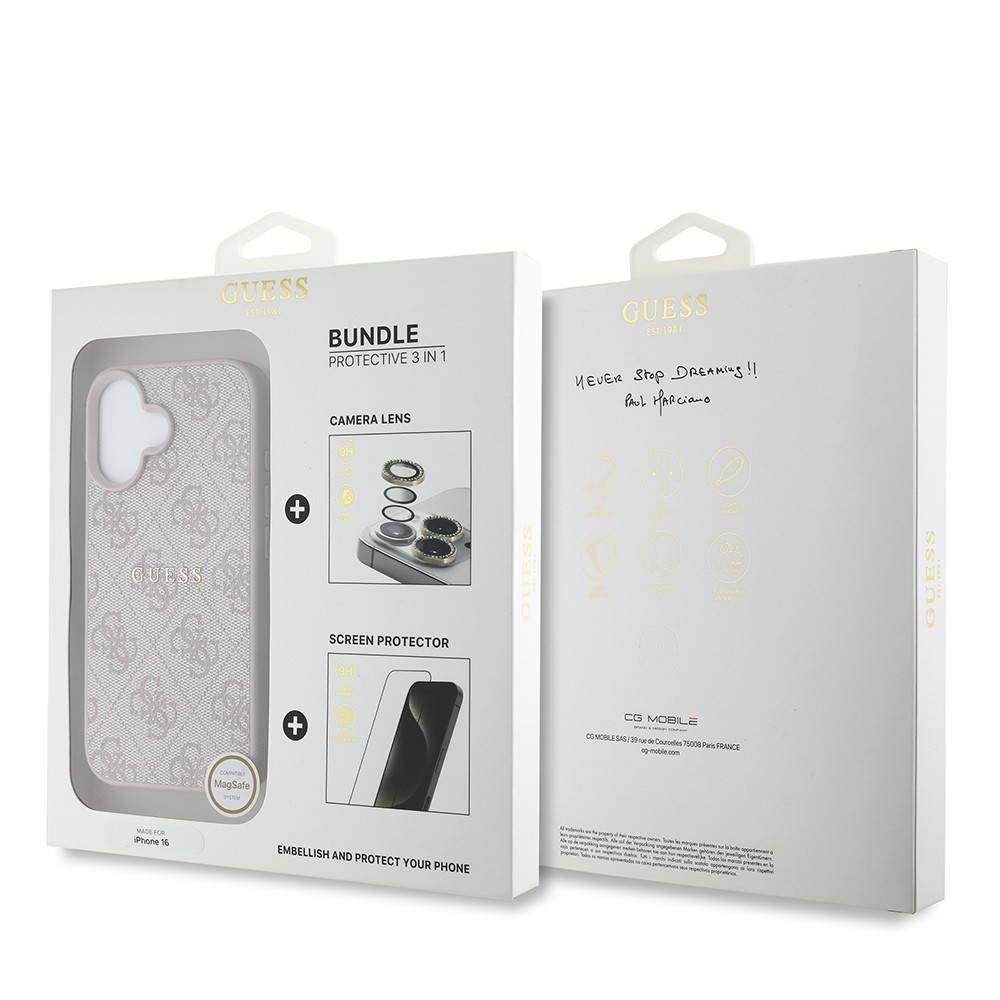 Apple iPhone 16 Guess Orjinal Lisanslı Kılıf + Ekran Koruyucu + Lens Koruyucu 3in1 Aksesuar Seti