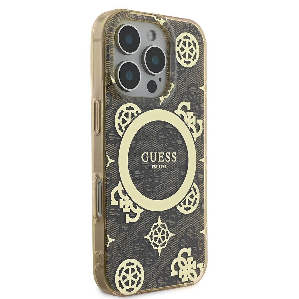 Apple iPhone 16 Pro Max Kılıf Guess Orjinal Lisanslı M-safe Şarj Özellikli IML Peony ve 4G Desenli Klasik Logolu Kapak