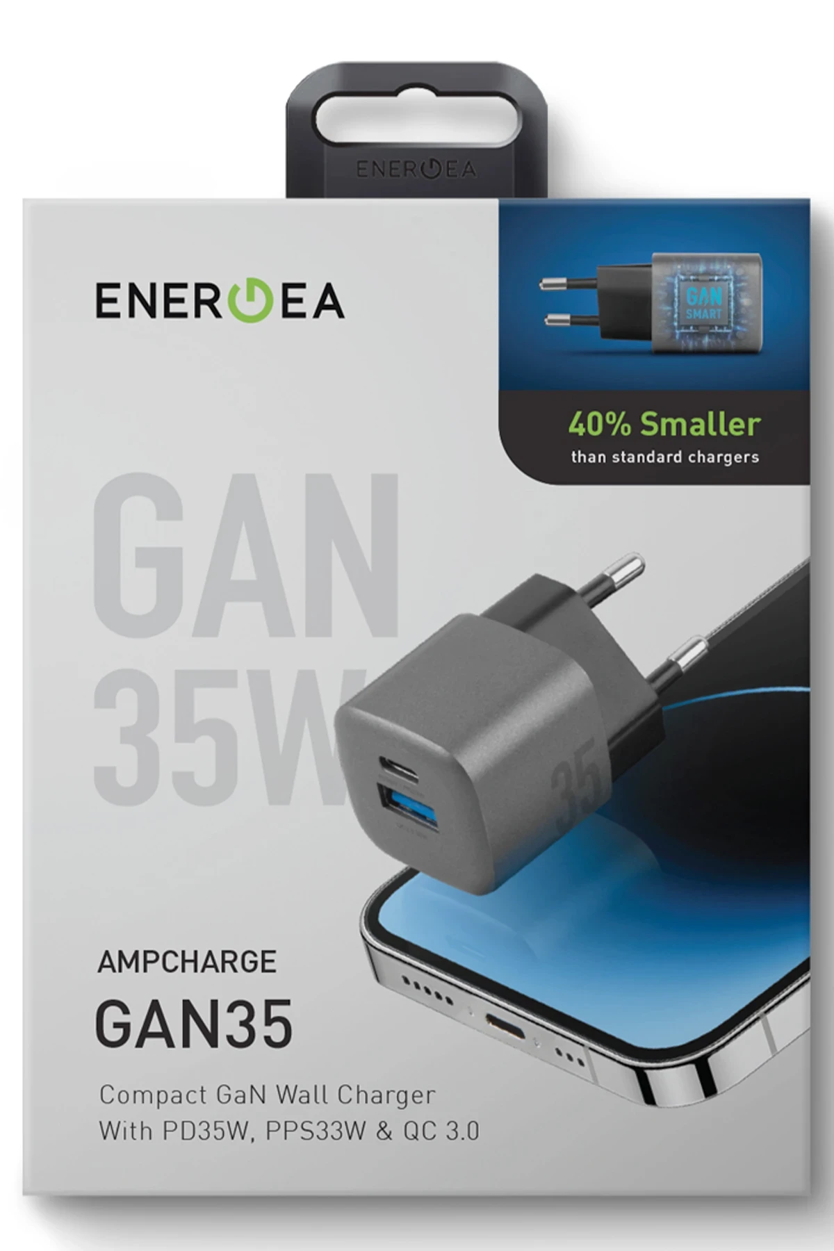 Energea AmpCharge GaN35 35W Type-C ve 30W USB 3.0 Çıkışlı Hızlı Şarj Aleti