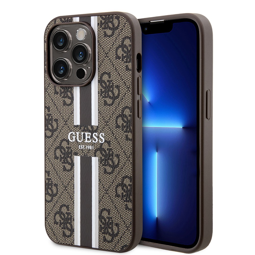Apple iPhone 15 Pro Kılıf Guess Orjinal Lisanslı M-safe Şarj Özellikli 4G Şerit Tasarımlı Printed Kapak