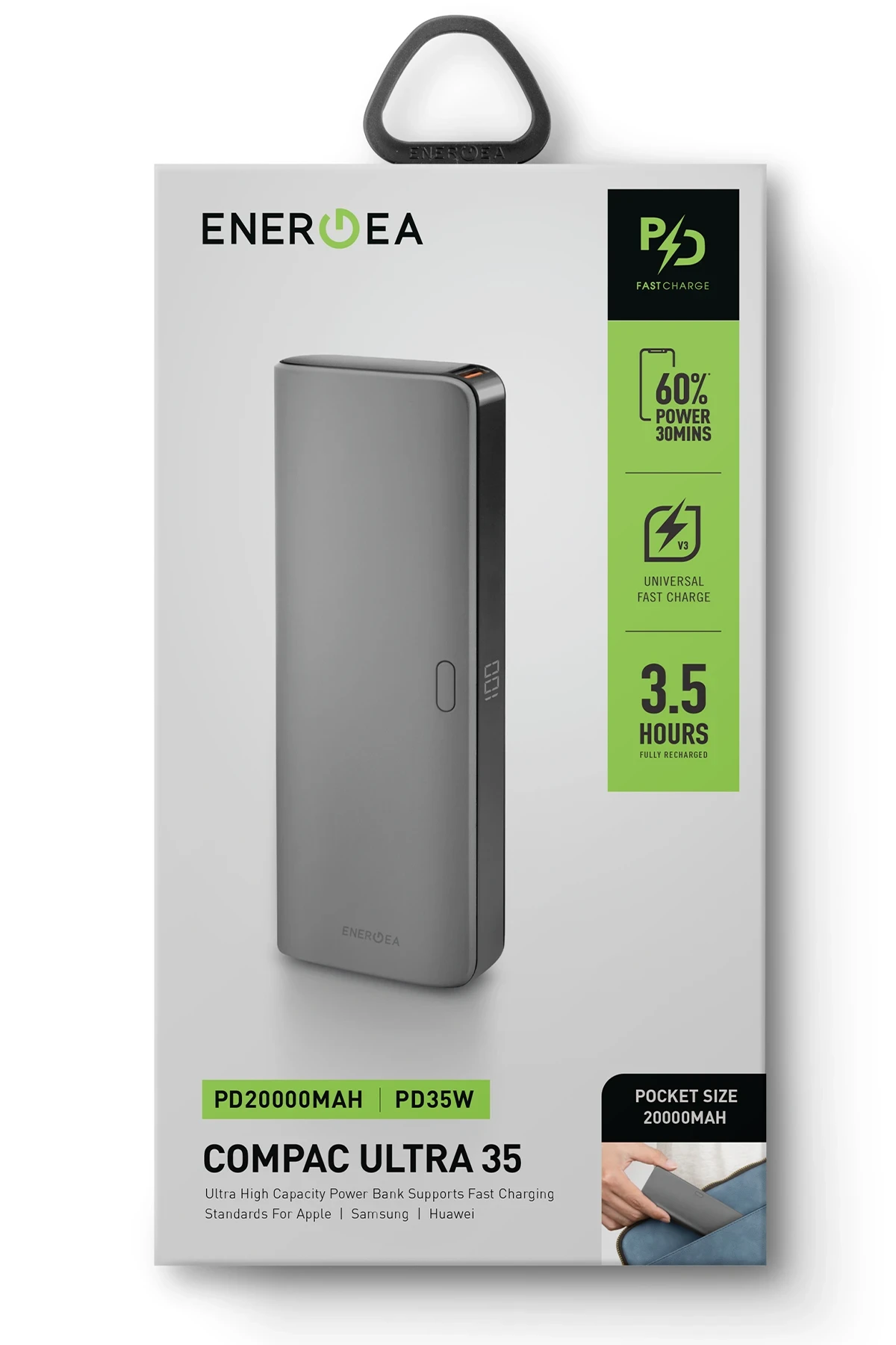 Energea ComPac Ultra 35 20.000 mAh Dijital Göstergeli 35W Type-C Çıkışlı 22.5W USB Çıkışlı PD Hızlı Şarj Powerbank