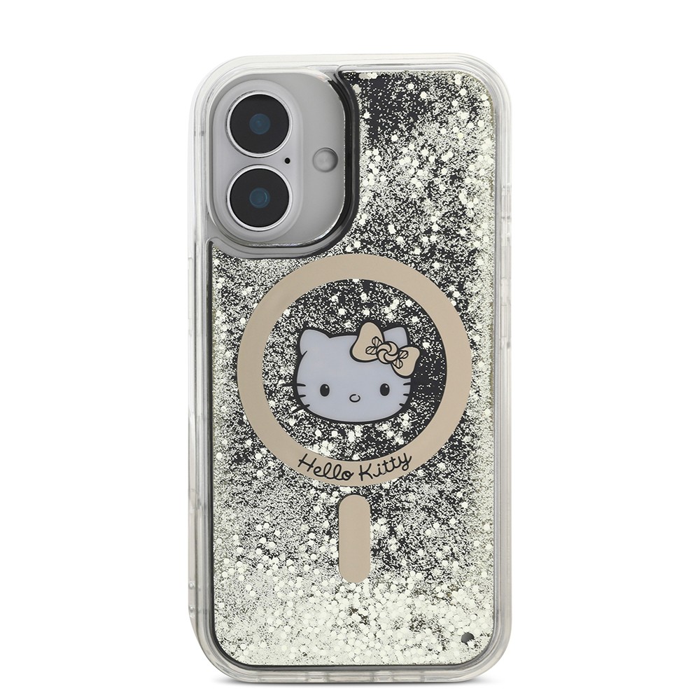Apple iPhone 16 Kılıf Hello Kitty Orjinal Lisanslı M-safe Şarj Özellikli IML Baskı Kitty Head Logolu Sıvılı Simli Altın Ateşi Kapak