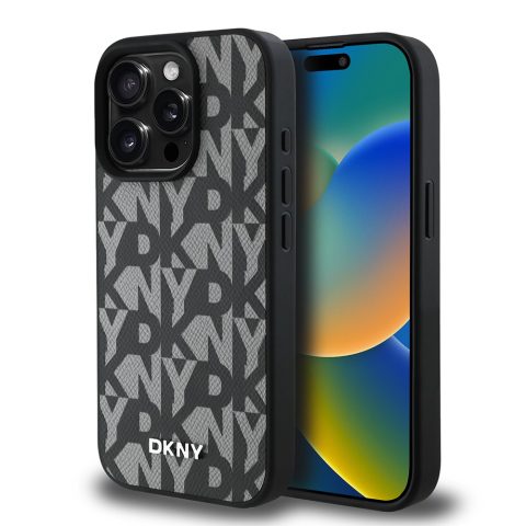 Apple iPhone 15 Pro Max Kılıf DKNY Orjinal Lisanslı M-safe Şarj Özellikli 3D Yazılı Grid Pattern Kapak
