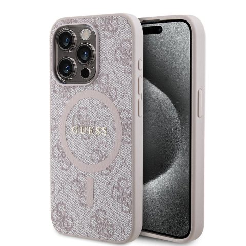 Apple iPhone 15 Pro Max Kılıf Guess Orjinal Lisanslı M-safe Şarj Özellikli PU Halkalı 4G Desenli Yazı Logolu Kapak