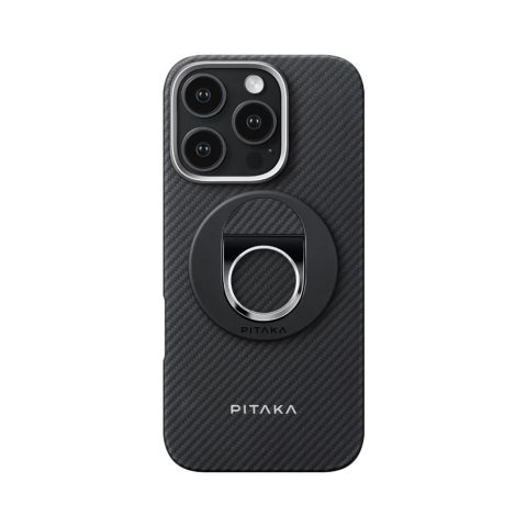 Apple iPhone 16 Pro Kılıf M-safe Şarj Özellikli Grip 3 Standlı Aramid Karbon Fiber Pitaka Military Grade Classic Serisi Black-Grey Twill Kapak