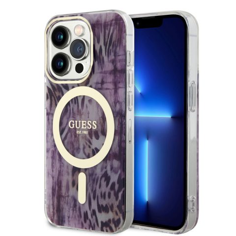 Apple iPhone 14 Pro Kılıf GUESS M-safe Şarj Özellikli Leopar Desenli Kapak