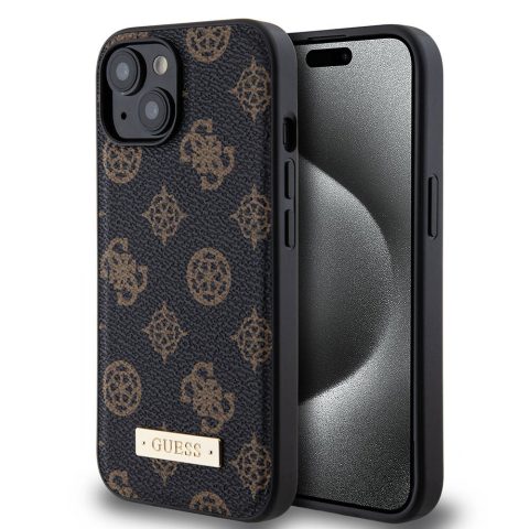 Apple iPhone 15 Kılıf Guess M-safe Şarj Özellikli PU Deri Desenli Metal Plaka Logolu Kapak