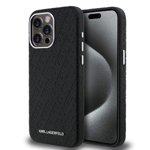 Apple iPhone 15 Pro Max Kılıf Karl Lagerfeld Orjinal Lisanslı PU Deri Damgalı Metal Yazı Logolu Kapak