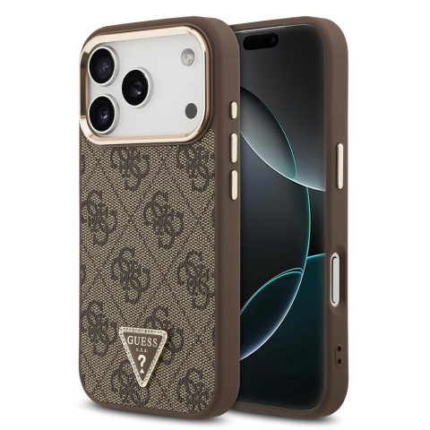 Apple iPhone 17 Pro Kılıf Guess Orjinal Lisanslı M-safe Şarj Özellikli Gold Metal Kamera Çerçeveli Taşlı Üçgen Logo 4G Desenli Kapak