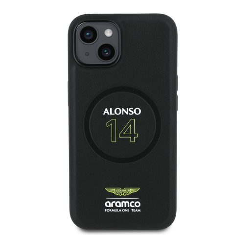 Apple iPhone 14 Kılıf Aston Martin Orjinal Lisanslı M-safe Şarj Özellikli PU Deri Alonso 14 Baskılı Kapak