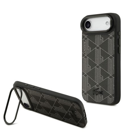 Apple iPhone 17 Air Kılıf Lacoste Orjinal Lisanslı M-safe Şarj Özellikli Standlı PU Deri Karışık Monogram Desenli Kapak